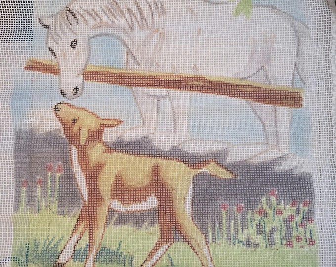 Handpainted Horse and Baby Needlepoint Canvas 10x12". Older Condition. Free Shipping.