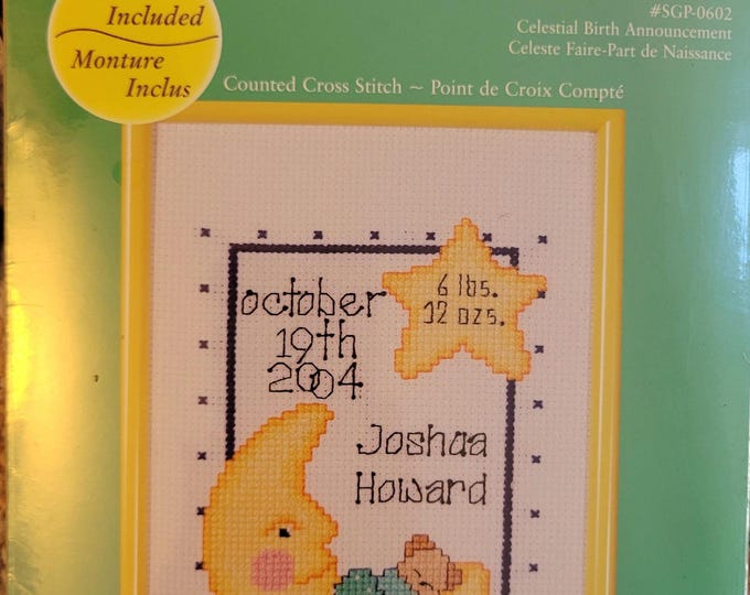 Janlynn Celestial Birth Announcement with Frame Cross Stitch Kit. FREE SHIPPING. Good Condition.