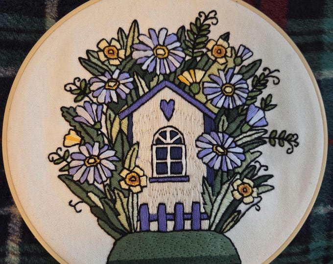 Blue Birdhouse with Blue Flowers Handmade Embroidered Picture in 8inch Hoop with Felt Backing. Free Shipping. Some glue markings on back.
