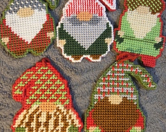 Handmade 5-6 inch Gnome Christmas Ornaments. Needlepoint on Plastic Canvas. FREE SHIPPING.