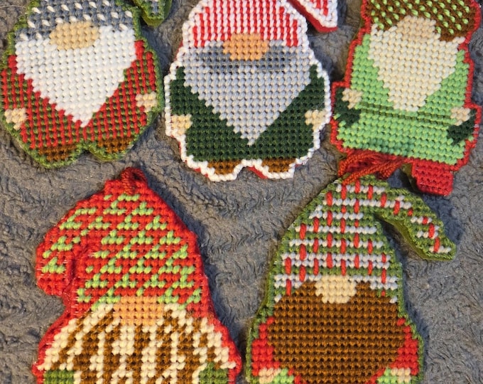 Handmade 5-6 inch Gnome Christmas Ornaments. Needlepoint on Plastic Canvas. FREE SHIPPING.