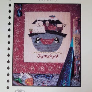May include: Cross stitch pattern for January from the Noah's Ark of the Month series. The pattern features a polar bear, penguins, and a boat with the text "Happy New Year" and "January".