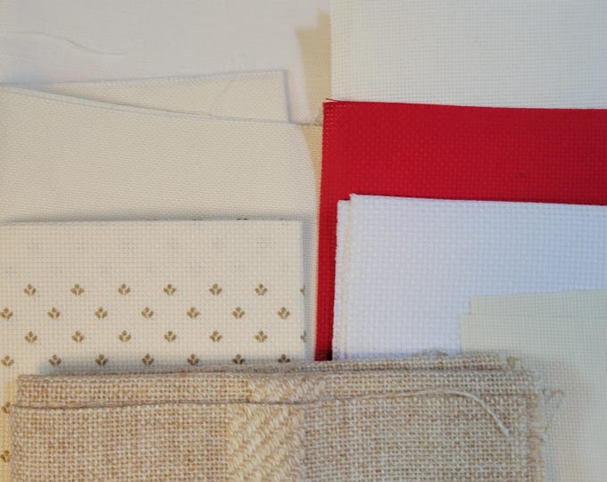 Grab Bag of Cross Stitch Fabrics. Various colors, types, sizes and counts. Preowned. Free Shipping. Misc Bag Lot 8.