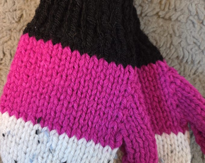 Handmade Knit Kids Mittens Size Small (ages 4 to 6) width 3 inch length 6 inch  Acrylic Yarn. Dk Pink Stripe. FREE Shipping.