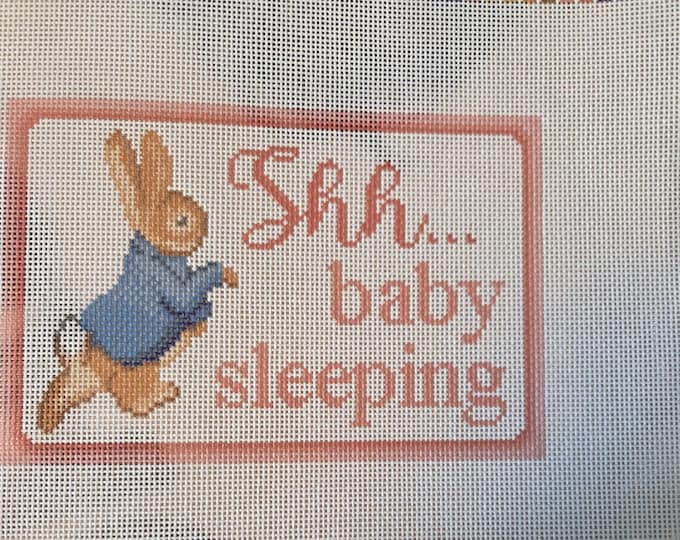 Shh Baby Sleeping Pink Rabbit Needlepoint Canvas. 18 Mesh 6"x4" finished. Round. New Condition. Free Shipping. Needlepaint LLC Design.