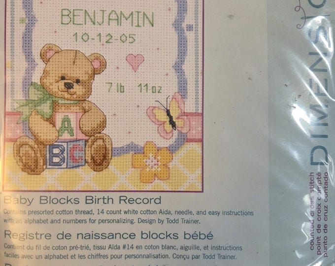 Dimensions Baby Blocks Birth Record Counted Cross Stitch Kit. FREE SHIPPING. Preowned Condition. Older Packaging.