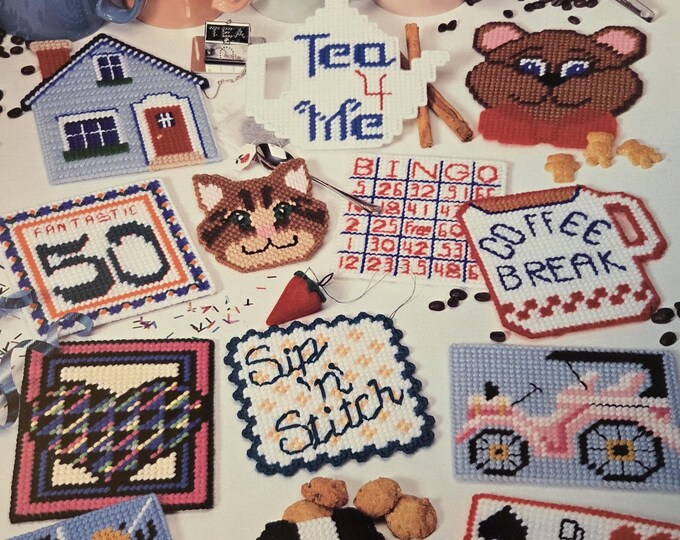 American School of Needlework  Plastic Canvas Mug Mats. Preowned Used Condition. Free Shipping.