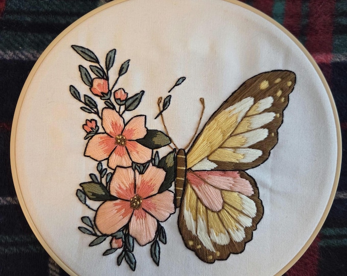 Brown Butterfly with Flowers Handmade Embroidered Picture in 8inch Hoop with Felt Backing. Free Shipping. Some glue markings on back.