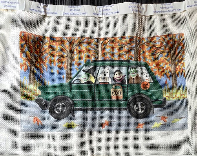 Halloween Woody Green Car Needlepoint Canvas.  18 Mesh 6"x10". Preowned Estate Sale Canvas Rolled. Free Shipping.