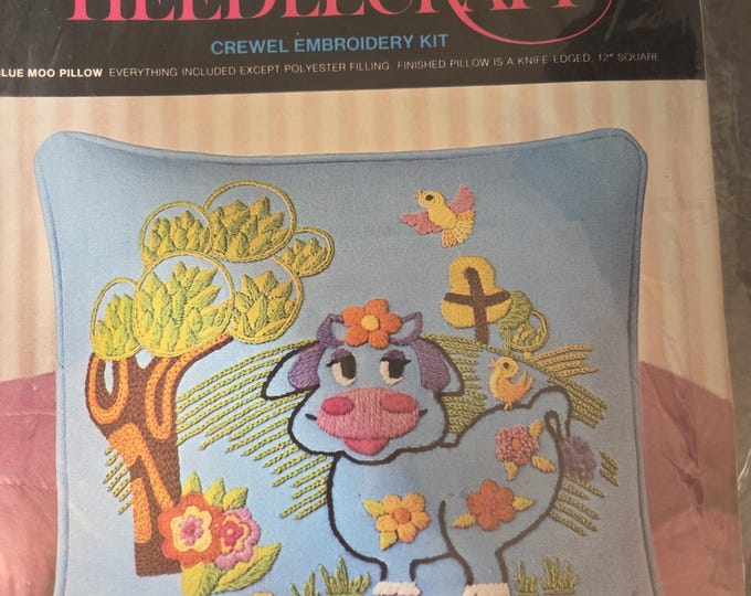 Avon Creative Needlecraft Blue Moo Pillow Crewel Embroidery Kit. FREE SHIPPING. Older Condition.
