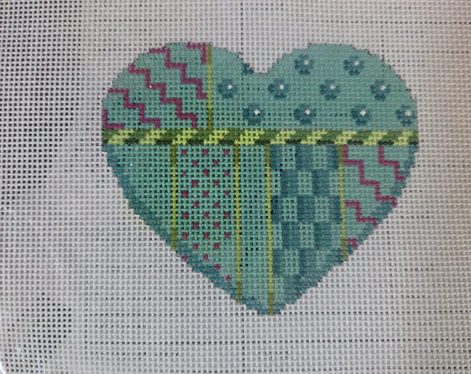 Associated Talent Turqouise Patterns Heart Needlepoint Canvas with Threads 18# 3.5". Preowned Estate Sale Like New Condition. Free Shipping.