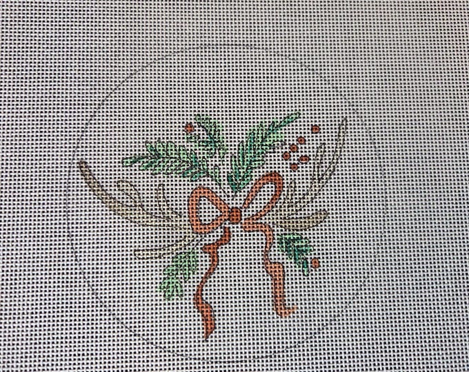 Camilla Moss Antlers with Holly Needlepoint Canvas with Threads.  18 Mesh 4.5" Round. Preowned Estate Sale Like New Condition.