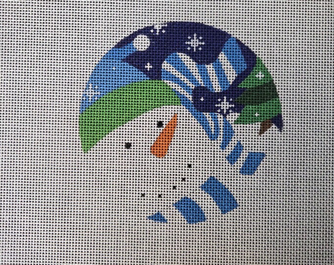 Pepperberry Designs Snowman Blue White Striped Hat Needlepoint Canvas 18# 4" Round. Preowned Estate Sale Like New Condition. Free Shipping.