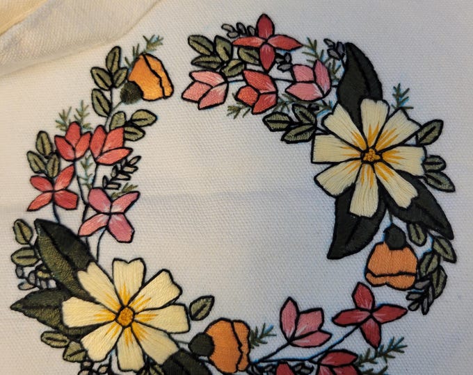 Hand Embroidered Flower Ring 13x15 Tote Bag. FREE SHIPPING