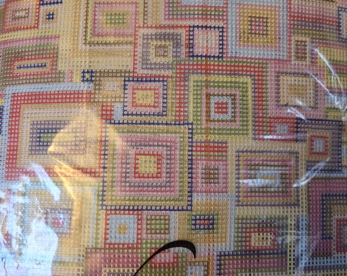 Ehrman Overlapping SqrsCushion Needlepoint Canvas Kit. Incl Canvas,Wool,Yarn,Needle. Preowned Estate Sale Open Retaped Cond.  Free Shipping.