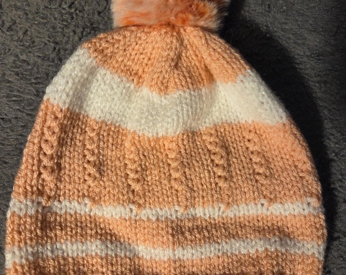 Handmade Knit Kids Hat Size Large. Acrylic Yarn. Peach Stripes with Peach PomPom. FREE Shipping.