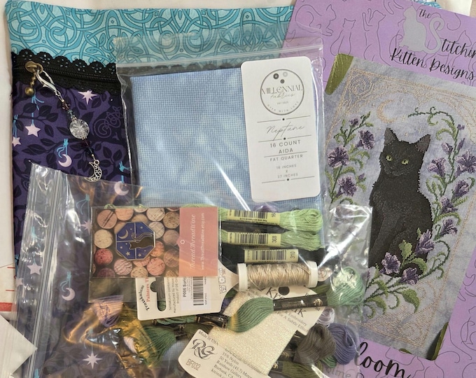 Stitchin Kitten Counted Cross Chart, Project Bags, Floss, Speciality Threads, Fabric, Needle Minder Kit. FREE SHIPPING. Good Condition