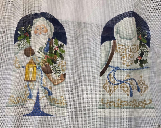 Kirk & Bradley Two Sided Woodland Father Christmas Needlepoint Canvas.  18 Mesh 6"x10" Both. Preowned Estate Sale Good Cond. Canvas Rolled