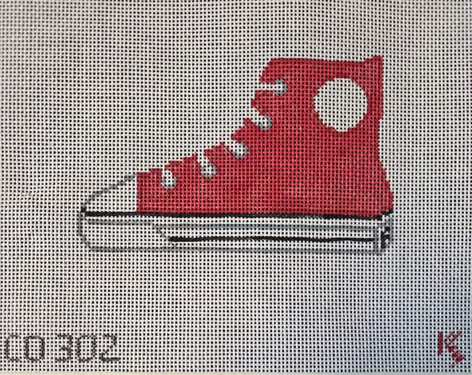 CO302 Red High Top Sneaker Needlepoint Canvas.  18 Mesh 4.5"x3". Preowned Estate Sale Good Condition. Free Shipping.