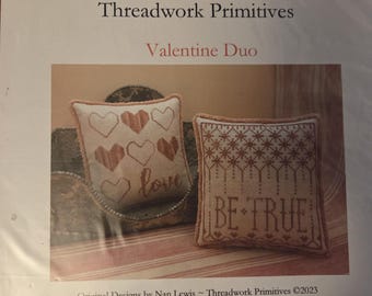 Threadwork Primitives Valentine Duo Cross Stitch Pattern. FREE SHIPPING. Good Condition