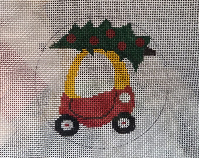 Valerie Little Kid Car Needlepoint Canvas with Threads.  18 Mesh 4" Round. Preowned Estate Sale Like New Condition. Free Shipping.