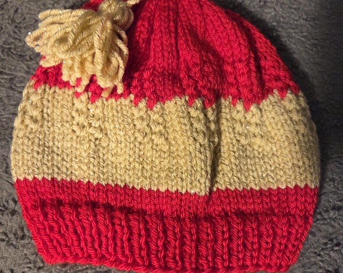 Handmade Knit Kids Hat Size Medium. Acrylic Yarn. Red with Gold Stripes with Gold Tassel. FREE Shipping.