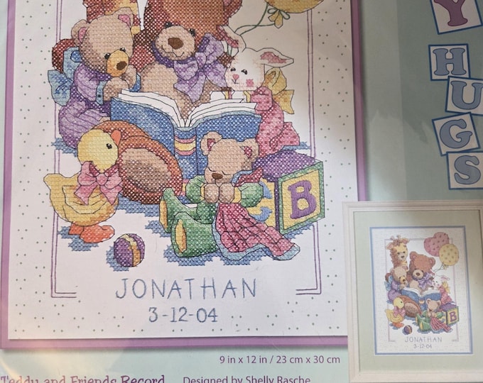 Dimensions Teddy and Friends  Record Stamped Cross Stitch Kit. FREE SHIPPING. New Condition.