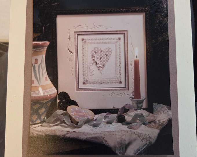 Bush Cherry Heart Cross Stitch Pattern. FREE SHIPPING. Used Condition. Prev started incl fabric with stitches, leftover floss and buttons.