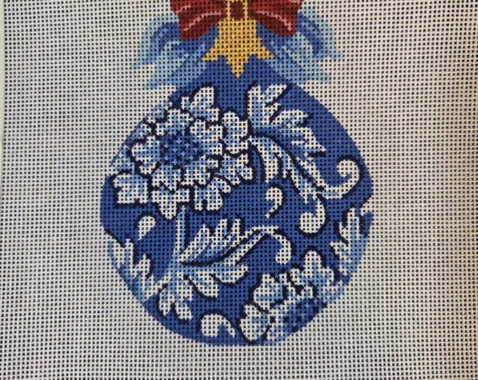 Kelly Clark Blue White Heritage Ornament Needlepoint Canvas with Threads 18# 5"x4". Preowned Estate Sale Like New Condition. Free Shipping.