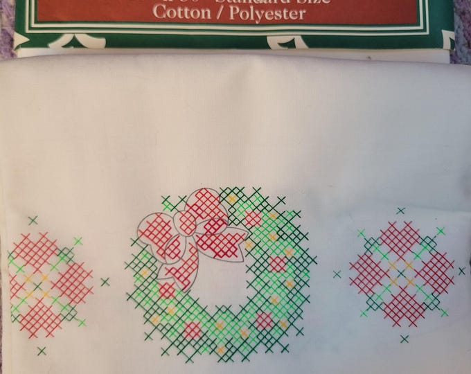 Stamped Cross Stitch Pair of Pillowcases Christmas Wreath. FREE SHIPPING. Older Condition.