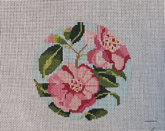 Blueberry Point Camelia Floral Needlepoint Canvas. 18# 4" Round. Preowned Estate Sale Like Good Condition.
