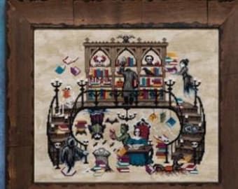 PREORDER Lola Crow The Haunted Library Cross Stitch Pattern. 174wx161h. Avail After Aug 25. New.  Free Shipping.