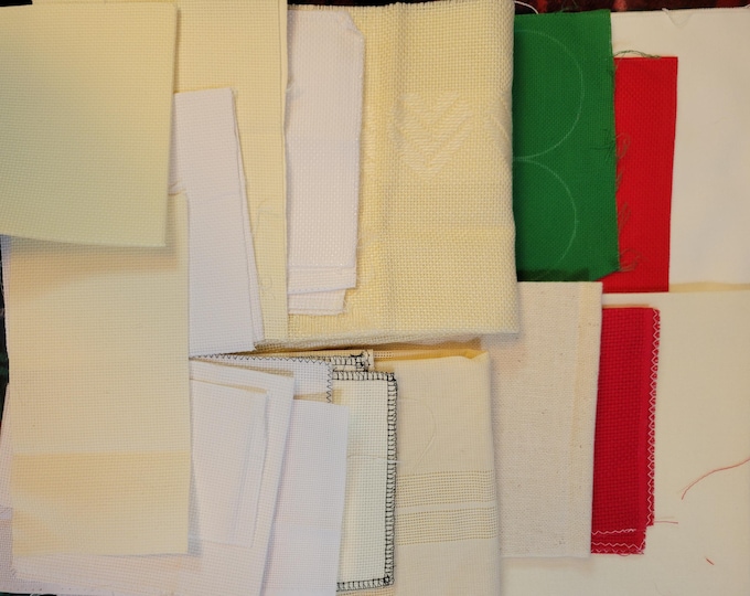 Grab Bag of Cross Stitch Fabrics. Various colors, types, sizes and counts. Preowned. Free Shipping. Misc Bag Lot 10.