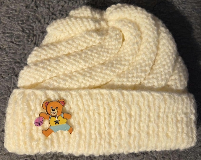 Handmade Knit Kids Hat Size Small (Baby). Acrylic Yarn. Ivory with Teddy Bear Button. FREE Shipping.