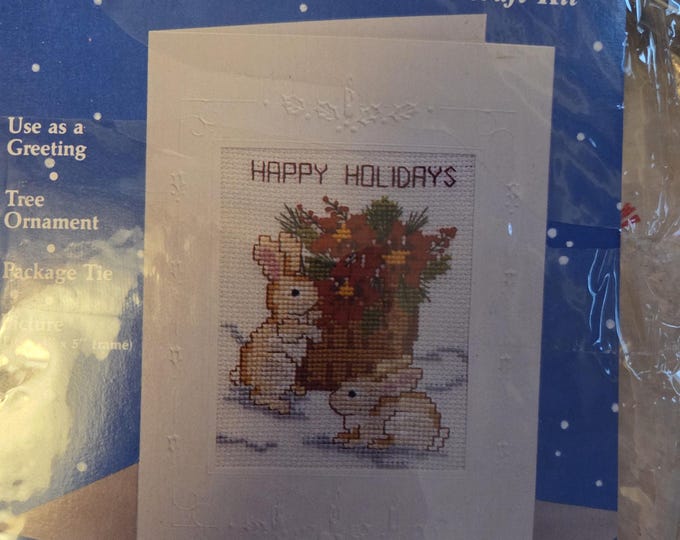 Happy Holidays Christmas Greetings Card Cross Stitch Kit. FREE SHIPPING. Preowned Condition. Packaging Ripped.