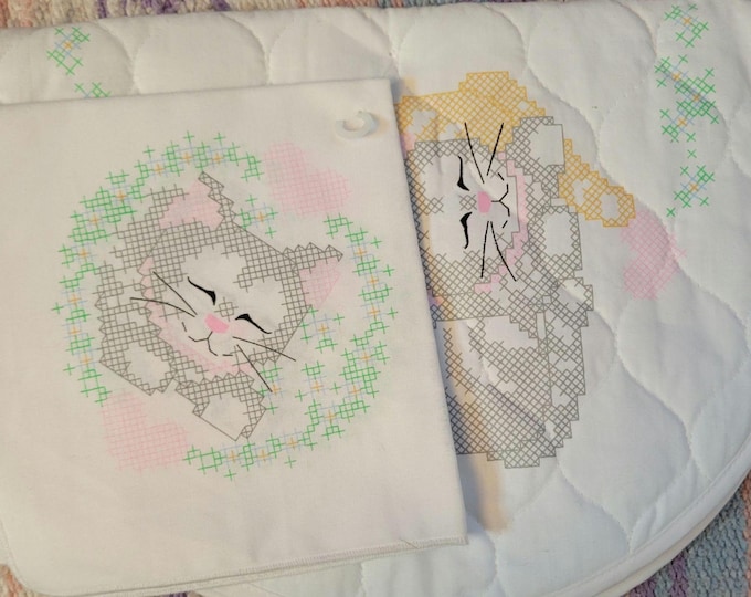 Pair of Stamped Cross Stitch Kitten Placemats and Napkins. FREE SHIPPING.