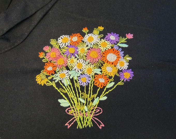 Hand Embroidered Flower Bouquet 13x15 Tote Bag. FREE SHIPPING