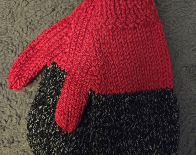 Handmade Knit Kids Mittens Size Medium. Acrylic Yarn. Red and Black. FREE Shipping.