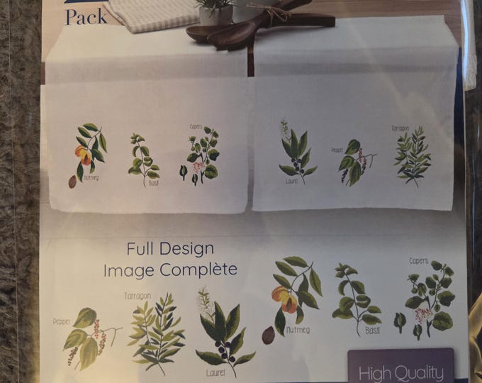 Leisure Arts Stamped Embroidery Tea Towels Herb. FREE SHIPPING. New Condition.