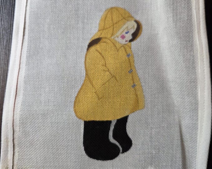 Silver Needle Chris Robin Raincoat Boy Needlepoint Canvas w/threads 18# 3.25"x7". Preowned Estate Sale Bottom Left Corner Stain.