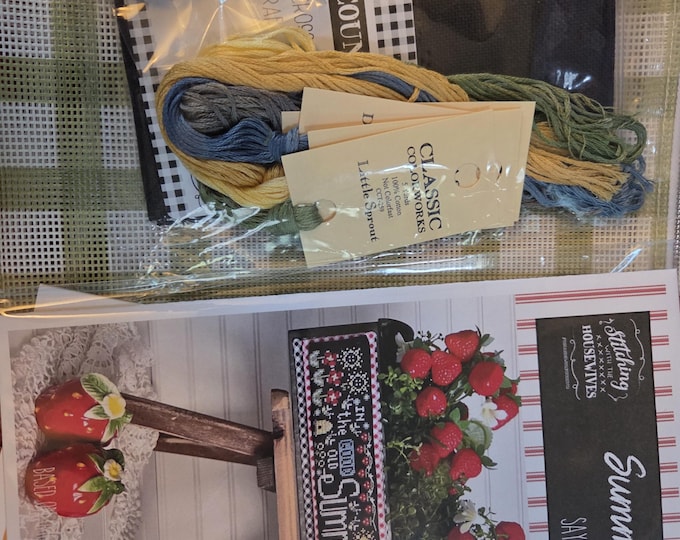 Stitching with the Housewives Sayings of the Seasons Summer  May 2024 Kit. Includes Chart, Fabric, Floss, Charm, Green Bag. FREE SHIPPING.