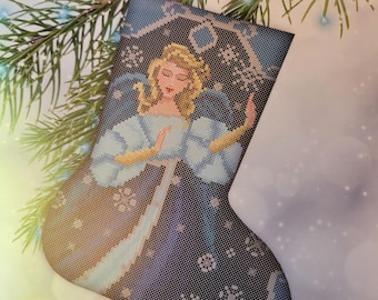 Stocking Angels Blue #1 Cross Stitch Pattern. FREE SHIPPING.