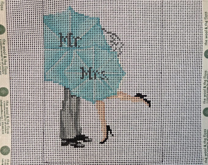 Alice Peterson Mr & Mrs Umbrella Needlepoint Canvas Most Threads Incl Teal color may need more  13# 5"x7". Preowned Estate Sale Good Cond..