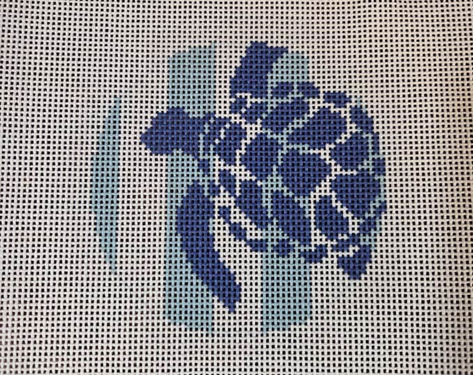 Two Sisters Stencil Turtle on Aqua Stripes Needlepoint Canvas 13# 4" Round Preowned Estate Sale Like New Condition. Free Shipping.