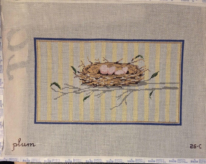 Birds Egg Nest on Stripes Needlepoint Canvas with Threads 18# 10"x5.75". Preowned Estate Sale Like New Condition. Free Shipping.