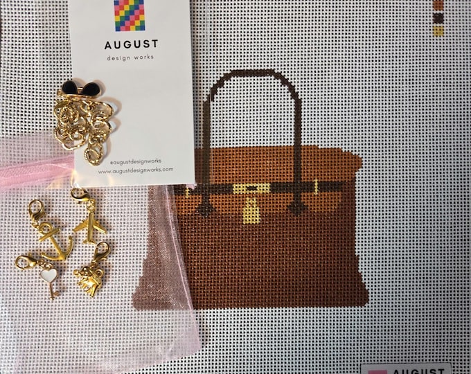 Brown Bougie Charm Bag plus chain eyeglass charm and charms shown. 8x8 canvas size 4x4 design 18 mesh Handpainted Canvas. New Free Shipping.