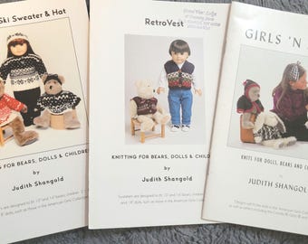 Vintage Close Knit Press. 10inch and 16inch bear and 18inch knit clothing doll patterns. Hard to find. Many Variations. Fits American Girl.