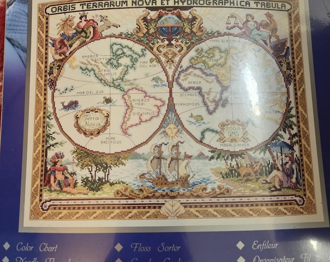 Janlynn Platinum Olde World Map Counted Cross Stitch Kit. FREE SHIPPING. Good Condition.