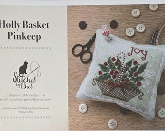 Stitches by Ethel Holly Basket Pinkeep Cross Stitch Pattern. Free Shipping. New Condition.