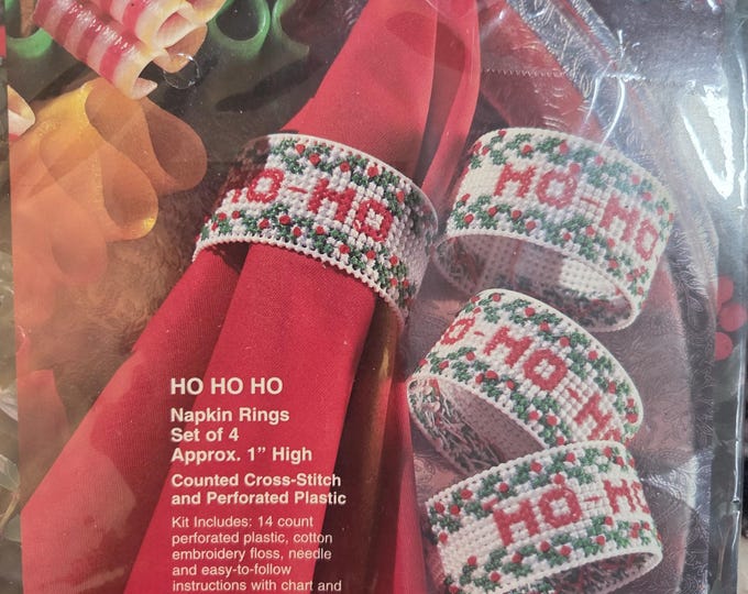 Bucilla Gallery of Stitches Ho Ho Ho Napkin Rings on Perf PaperCounted Cross Stitch Kit. FREE SHIPPING. Preowned Condition. Older Packaging.